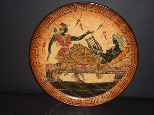 Greek Pottery Shop. Click to view more details about this greek vessel: CLASSICAL PLATE WITH HERMES AND SEMELI ON HAND PAINTED CLASSICAL PLATE WITH THE MESSAGERS OF THE GODS HERMES AND SEMELI THE MOTHER OF DIONYSOS FREE DESIGNED PLATES Greek Pottery Shop CLASSICAL PLATE WITH HERMES AND SEMELI ON FREE DESIGNED PLATES