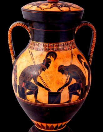 CLASSICAL BLACK FIGURED AMPHORA WITH ACHILLES AND AJAX PLAYING DICE