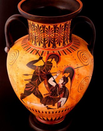 CLASSICAL BLACK FIGURED AMPHORA WITH ACHILLES AND PENTHESILEA