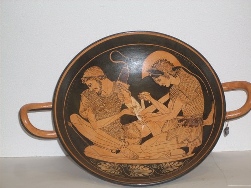 Greek Pottery Shop  CLASSICAL RED FIGURED KILIX WITH ACHILLEAS CURING THE WOUNDS OF HIS BEST FRIEND PATROKLOS CLASSICAL GREEK POTTERY KILIX