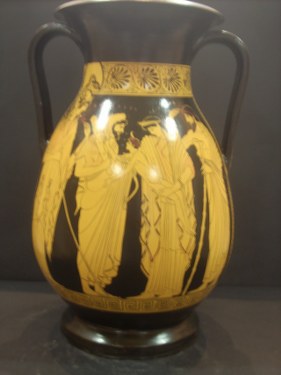 Greek Pottery Shop  RED FIGURED CLASSICAL PELIKE WITH HERCULES HIS WIFE DEIANEIRA HIS STEP FATHER OINEAS AND THE GODESS ATHENA IN HIS BACK.450B.C. CLASSICAL GREEK POTTERY PELIKE