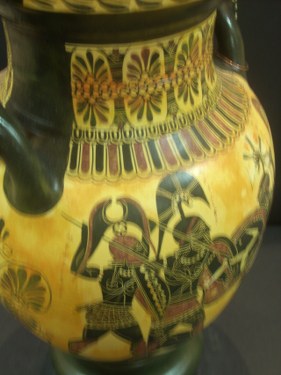 CLASSICAL BLACK FIGURED AMPHORA WITH THE TROYAN WAR  CLASSICAL GREEK POTTERY AMPHORA