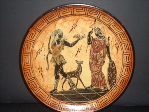 Greek Pottery Shop  CLASSICAL PLATE  WITH ATHENA AND ARTEMIS ON FREE DESIGNED PLATES