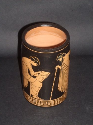 RED FIGURED PENCIL STAND WITH TEACHER AND STUDENT CLASSICAL GREEK POTTERY PENCIL STAND