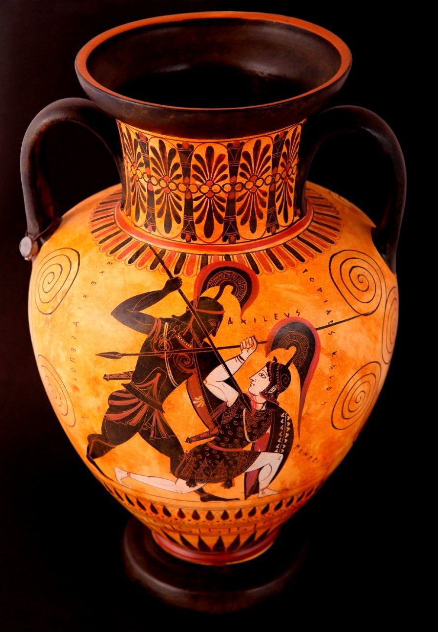 CLASSICAL BLACK FIGURED AMPHORA WITH ACHILLES AND PENTHESILEA