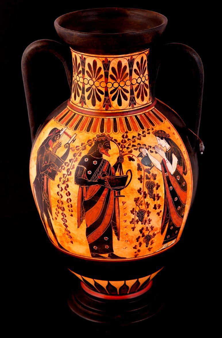 DIONYSUS AND ARIADNI GREEK CERAMIC AMPHORA POTTERY