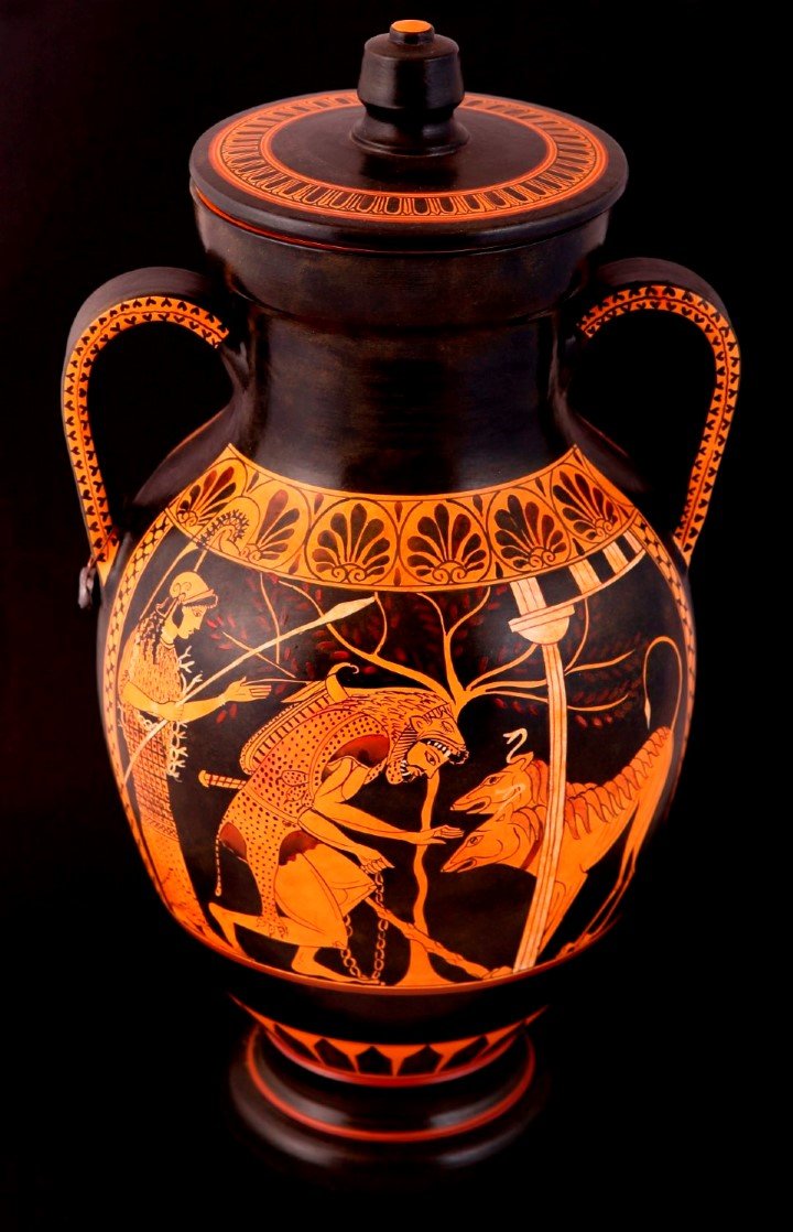 Greek Pottery Shop  CLASSICAL RED FIGURED AMPHORA WITH HERCULES AND CERBERUS CLASSICAL GREEK POTTERY AMPHORA