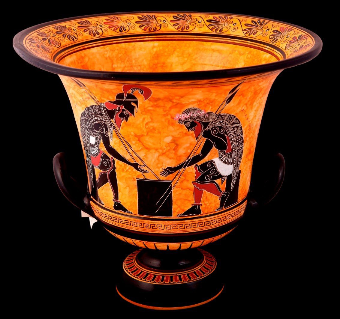 CLASSICAL KRATER WITH PHAETHON ON THE MAIN SIDE AND ACHLLES WITH AJAX PLAYNG PESSOUS ON THE BACK SIDE