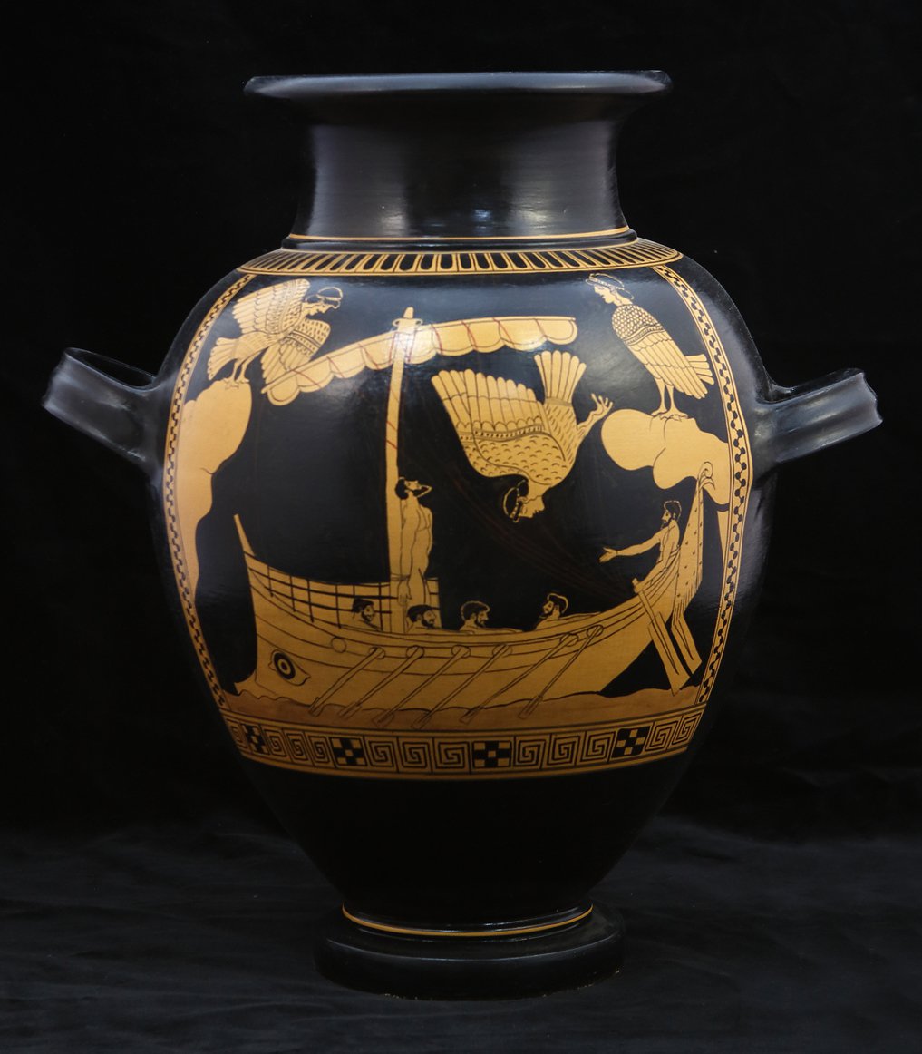 CLASSICAL REDFIGURED STAMNOS WITH ODYSSEAS AND THE SEIRINES ON. CLASSICAL GREEK POTTERY STAMNOS